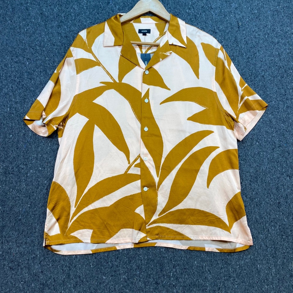 Express Leaf Print Shirt Sz M Mens Mustard Yellow Boho Skater Camp Collar TShirt